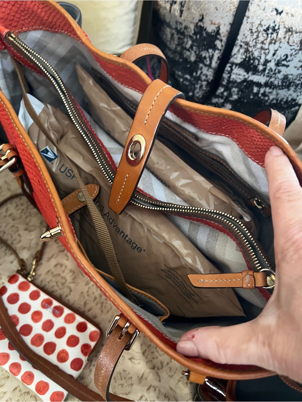 Dooney & Bourke Coral Orange Python Embossed Leather Tote Shoulder Bag Tan Trim - Picture 8 of 14